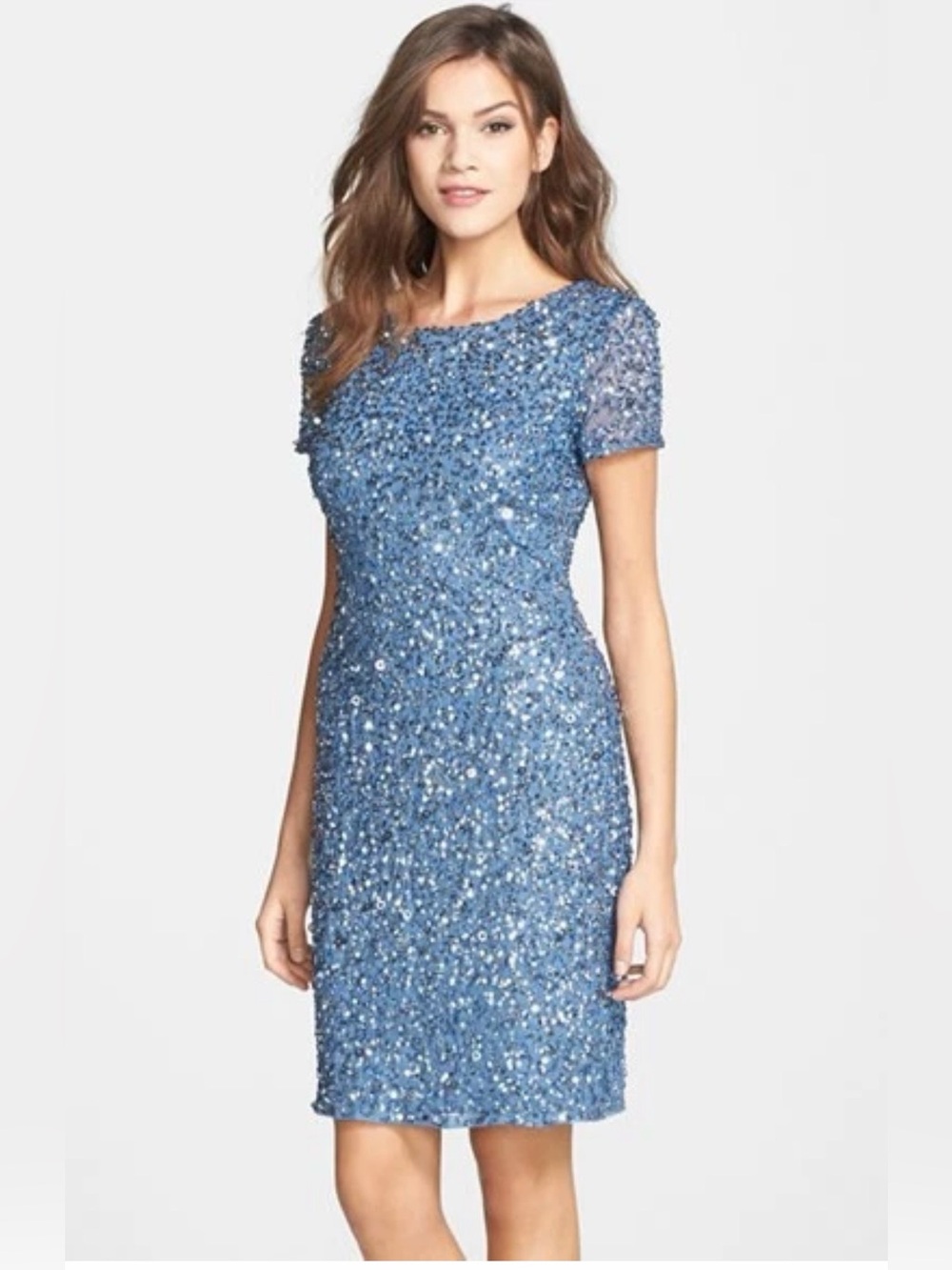 NWT Adrianna Papell Blue Beaded Sequin Short Sleeve Sheath Midi Dress Size 12